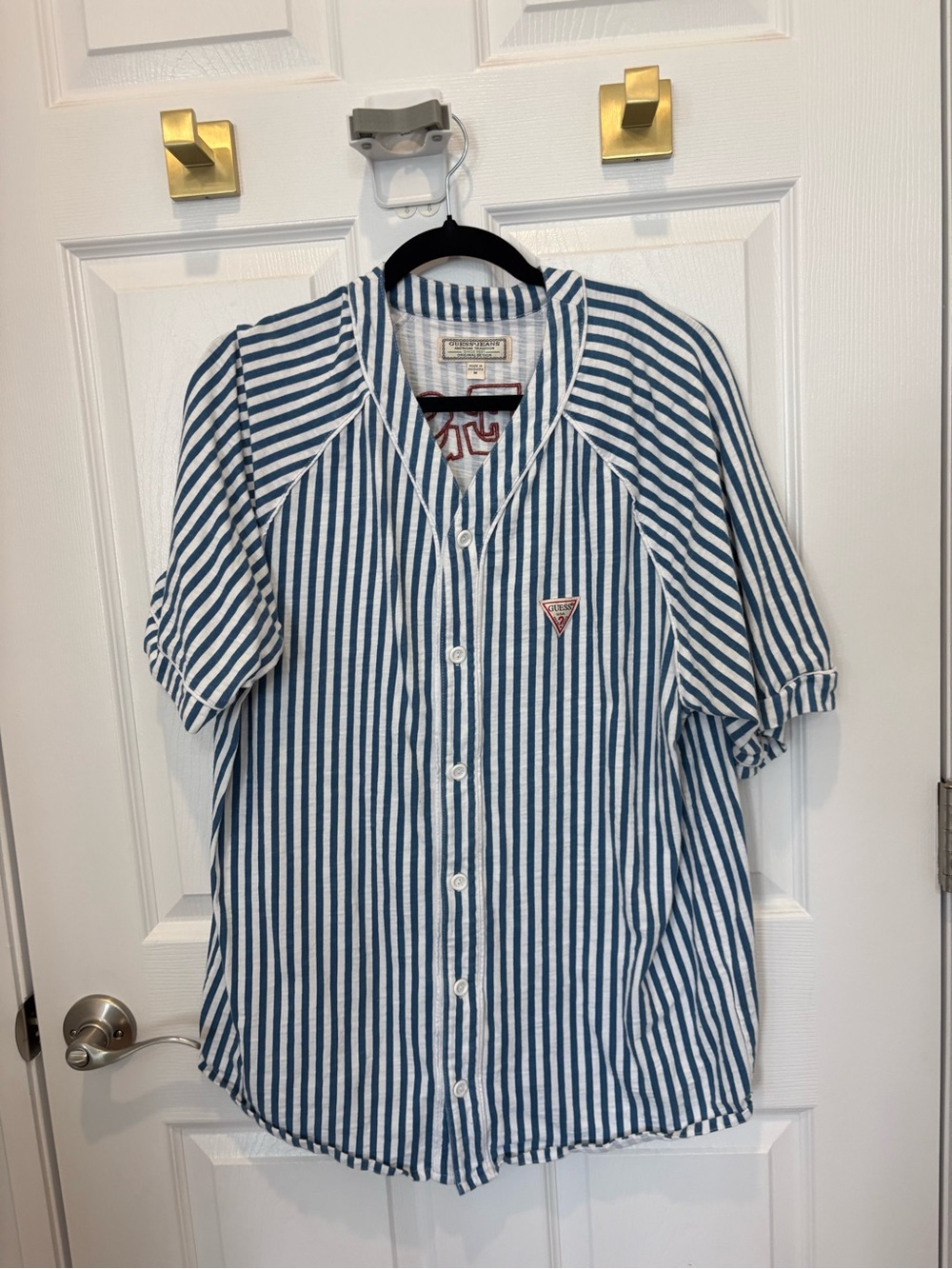 GUESS Men’s Blue and White Striped Button-Up Shirt #1427